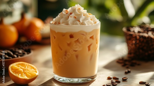 Creamy iced drink with whipped topping on wooden table in warm light