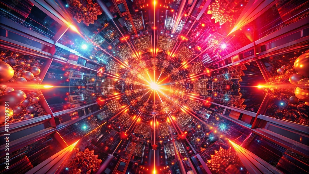 Naklejka premium Abstract Red Fractal Light Background: Aerial 3D Rendered Design