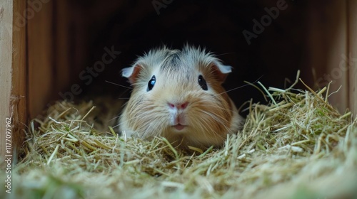 Curious guinea pig peering out from cozy nest in rustic wooden enclosure