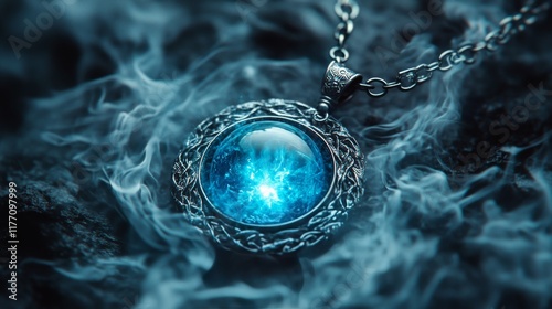 Mystical pendant with glowing blue orb surrounded by mist on dark surface