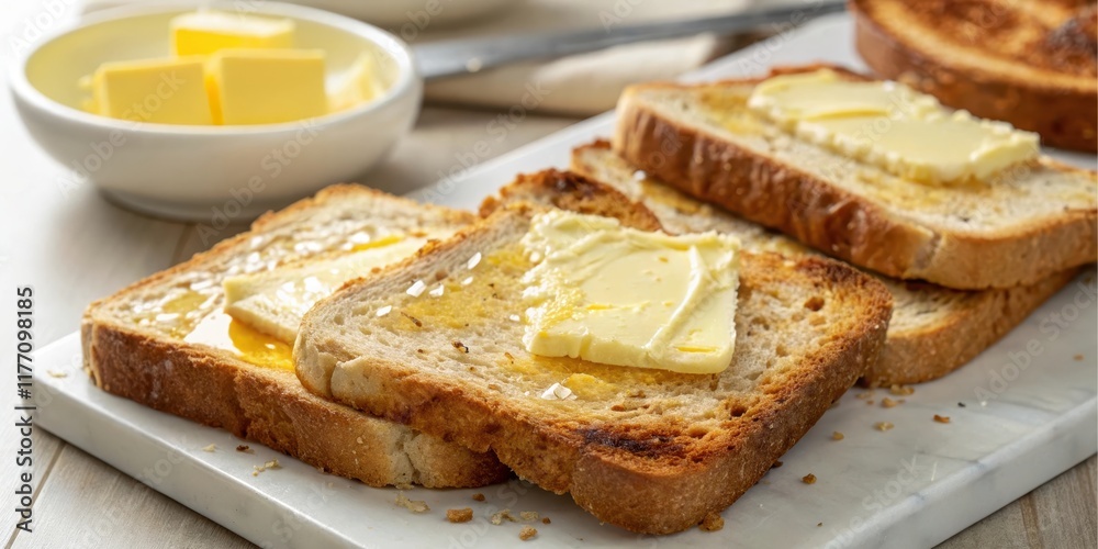 Golden-brown toasted bread slices topped with pats of melting butter and a drizzle of honey Golden-brown toasted bread slices topped with pats of melting butter and a drizzle of honey