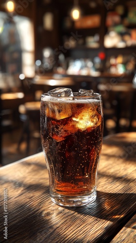 Refreshing glass of cold beverage on rustic wooden table in cozy cafe with na...
