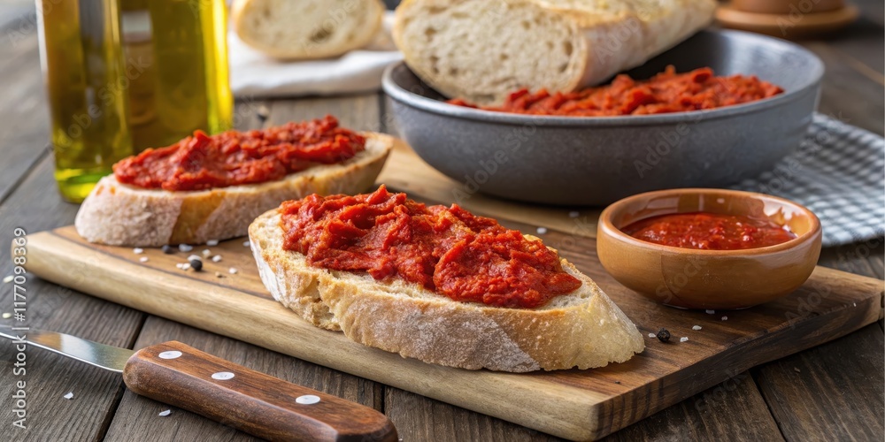 Delicious roasted red pepper spread on crusty bread Delicious roasted red pepper spread on crusty bread