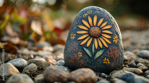 Beautifully painted rock with sunflower design on a bed of pebbles in a natur...