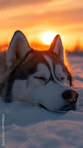 Husky relaxes in the snow during a beautiful sunset in winter landscape
