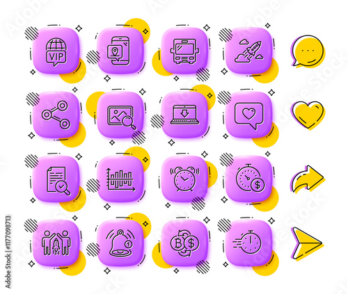 Love message, Share and Search photo line icons. App 3d buttons. Social media comment, share, like icons. Pack of Pin marker, Startup rocket, Reminder icon. Vector