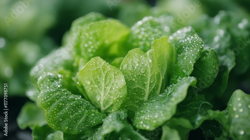 Freshly harvested lettuce glistens with dew in a thriving garden at dawn
