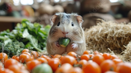 Guinea pig enjoying fresh vegetables in a garden setting during daylight