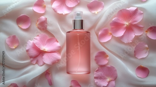 Delicate bottle of pink liquid sits among cherry blossom petals on soft fabri...