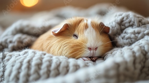 Guinea pig resting peacefully in a cozy blanket on a soft surface during the day