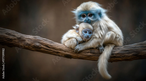 Portrait of a mother and infant blue monkey -cercopithecus mitis- sitting close together on a branch in the omaha zoo-s lied jungle- omaha, nebraska, united states of america photo