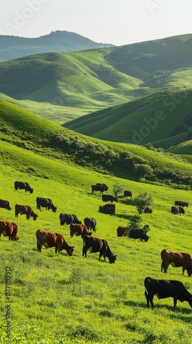 Cows grazing peacefully in lush green pasture during sunset in a mountainous ...