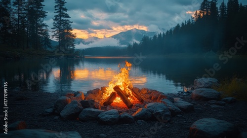 Majestic sunset over a tranquil lake with a warm campfire in the foreground