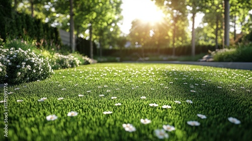 Vibrant green lawn with blooming daisies under a warm sun in a serene garden ...