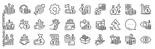 Finance line icons. Settings gear, Message, Inflation icons. Accounting coins, Budget Investment, Trade Strategy icons. Finance management, Budget gain and Business asset. Vector