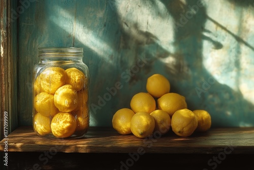 Fresh lemons in a glass jar on a wooden table with a dark background