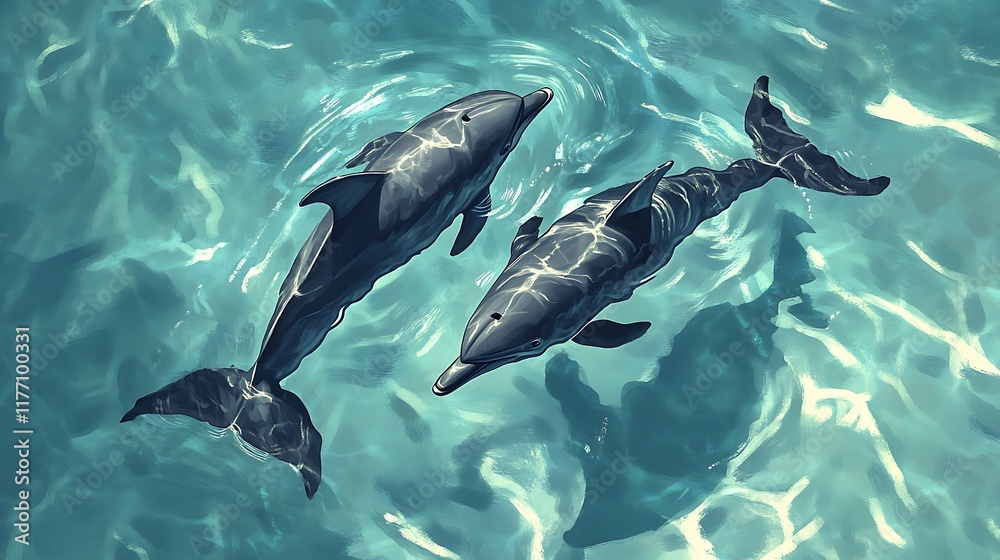 Obraz premium two dolphins swimming in clear blue water, sunlight shines down from above.