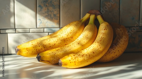 Freshly ripened bananas resting on a kitchen countertop with morning light il...