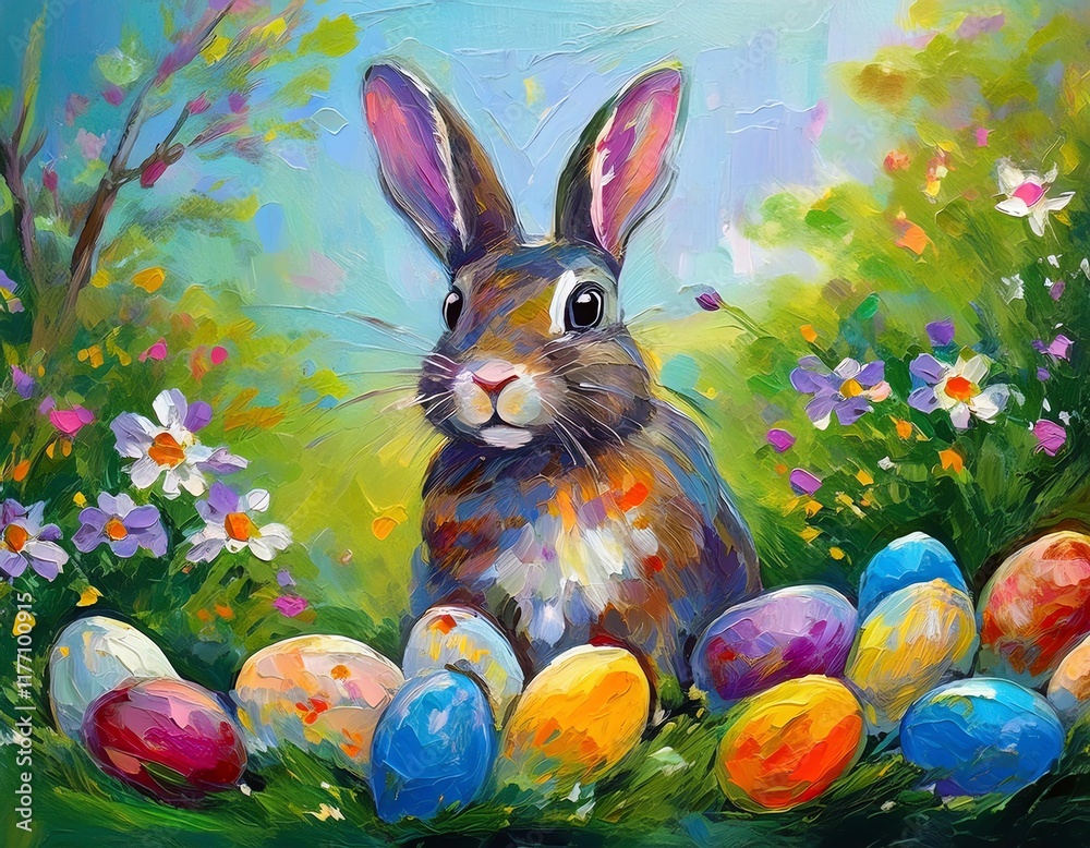 Rabbit with easter eggs in the garden oil paint artwork design