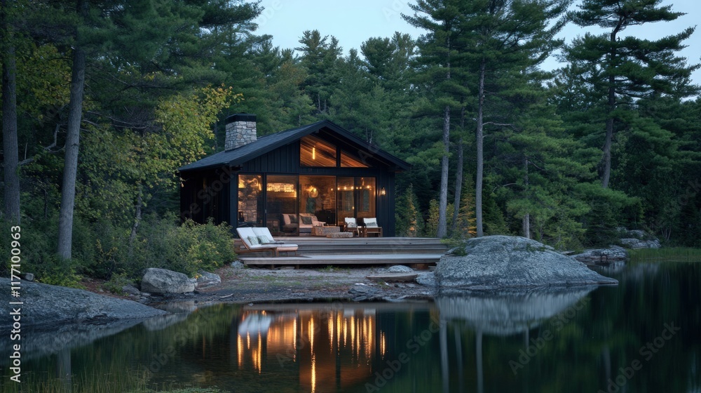 Obraz premium Lakeside Cabin Retreat: Serene Evening at a Modern Lake House