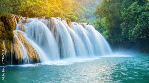 The vibrant turquoise water of Kuang Si waterfall is a breathtaking sight, crystal clear and inviting