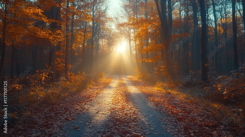 Autumnal Forest Path: Sunbeams Through Golden Leaves