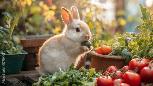 Adorable white rabbit munching on colorful vegetables in a vibrant garden set...
