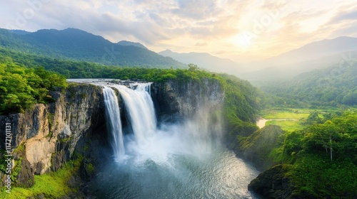 Wallpaper Mural The deep rain forest jungle waterfall cascades down a series of lush green cliffs, feeding into a crystal clear pool below surrounded by vibrant, diverse flora and fauna. Torontodigital.ca