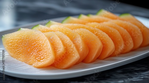 Sliced cantaloupe arranged neatly on a white platter with a marble background