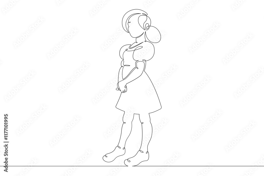 A child with a large mug with a glass in his hands. Little girl in a dress.One continuous drawing line logo single hand drawn art doodle isolated minimal illustration. A child with a large mug with a glass in his hands. Little girl in a dress.One continuous drawing line logo single hand drawn art doodle isolated minimal illustration.