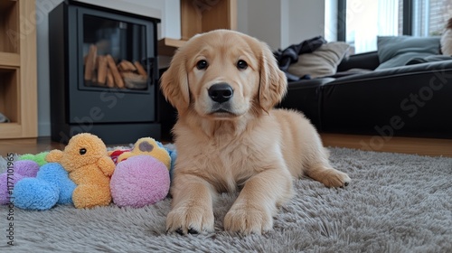 Happy golden retriever puppy playing with stuffed toys in a cozy living room ...
