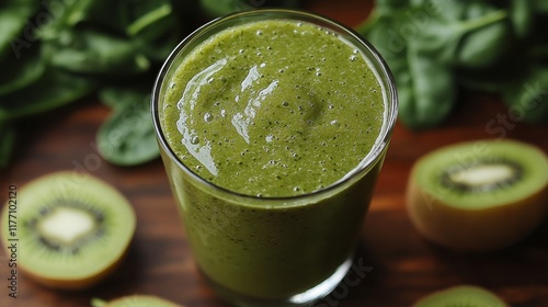 Fresh green smoothie with kiwi and spinach surrounded by ingredients in a rus...