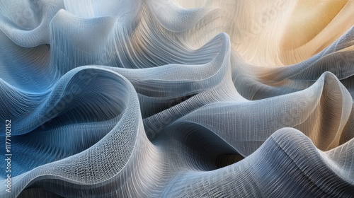 Waves of varying heights and curves create an abstract visual of flowing movement and depth in soft colors. Generative AI photo