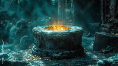 Magical glowing portal surrounded by rocks and nature during twilight