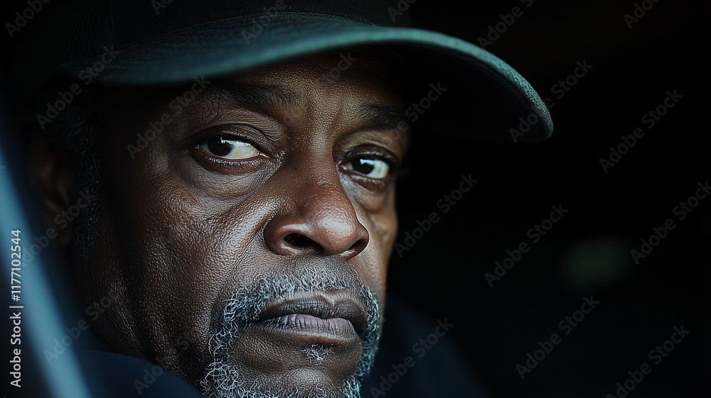 close up portrait of man with serious expression, wearing cap. His deep set eyes convey sense of contemplation and strength, set against dark background close up portrait of man with serious expression, wearing cap. His deep set eyes convey sense of contemplation and strength, set against dark background