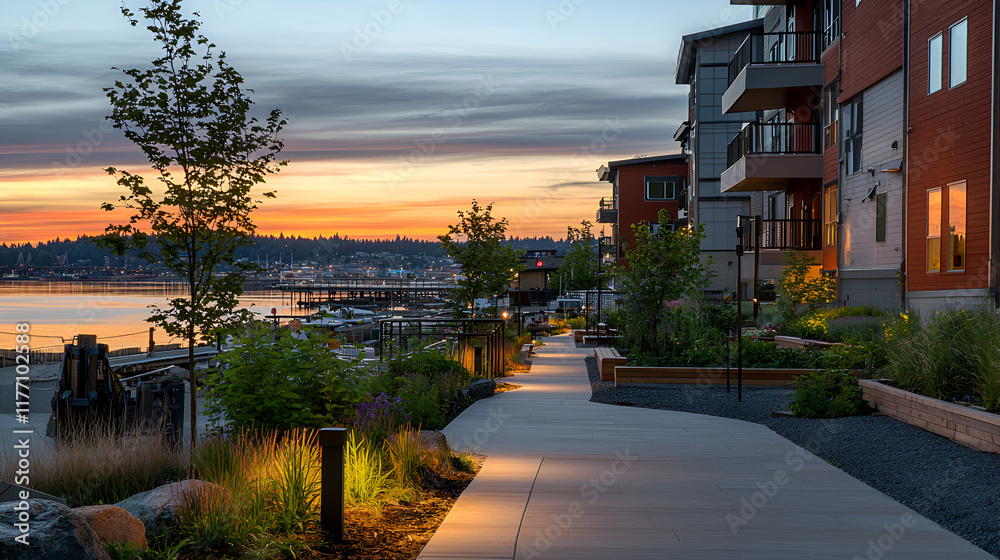 Fototapeta premium Waterfront apartment complex pathway at sunset.