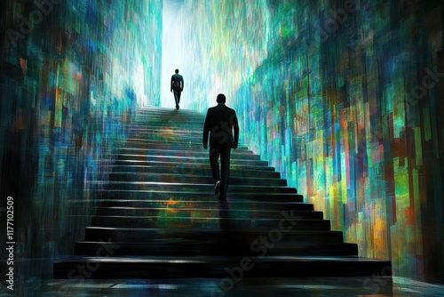 A businessman ascends a staircase made of vibrant bar charts, symbolizing progress and success in a futuristic, semi-realistic digital painting with dynamic lighting. photo