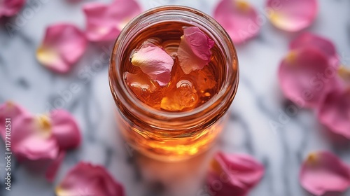 Delicate rose petals float in aromatic oil inside a glass jar on a marble sur...