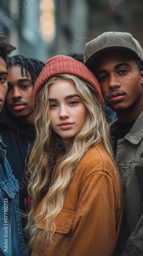 Group of young people posing together with friendly expressions in a relaxed ...