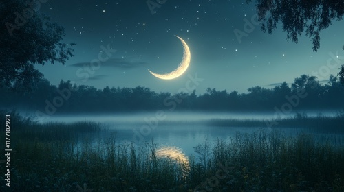 Golden crescent moon illuminates a tranquil foggy field at nightfall