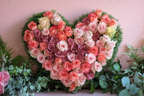 Colorful rose arrangement shaped like a heart on a pink background for romant...