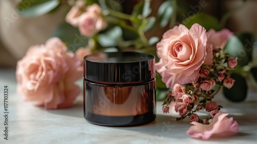 Black container beside pink flowers in a natural setting with soft lighting