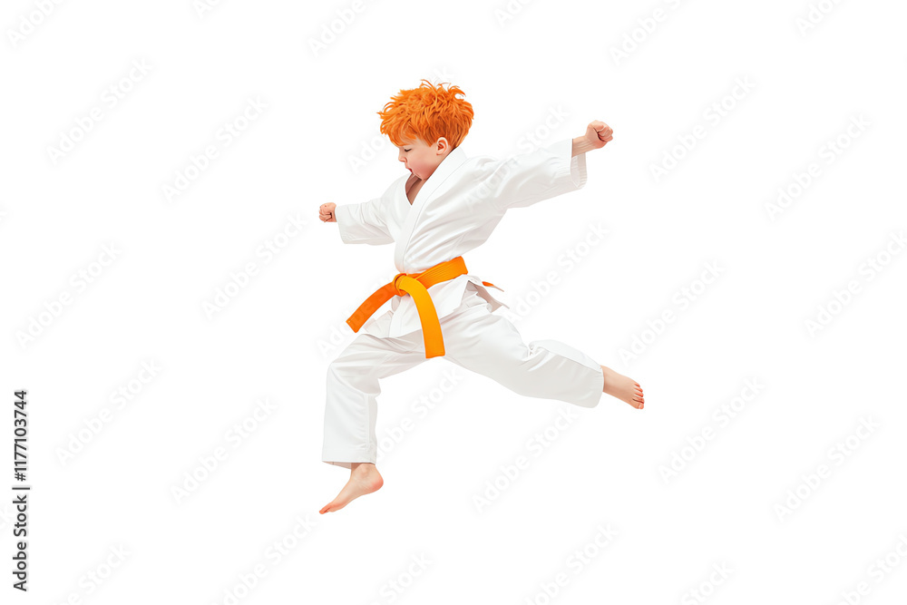 A young martial artist performs a dynamic jump in a white gi with an orange belt, showcasing energy and athleticism. A young martial artist performs a dynamic jump in a white gi with an orange belt, showcasing energy and athleticism.