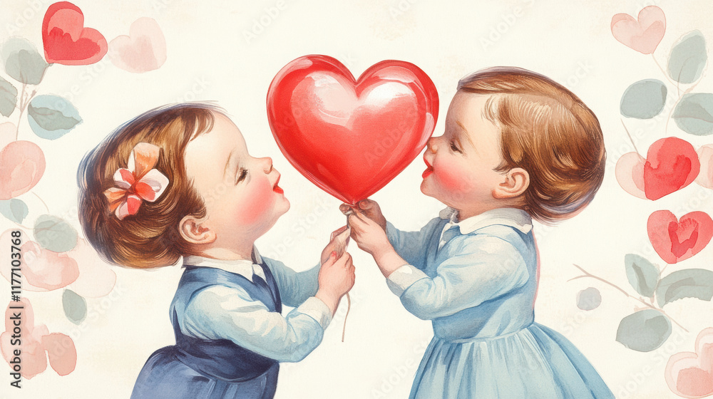 Two children sharing heart balloon in romantic setting Two children sharing heart balloon in romantic setting