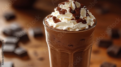 Delicious chocolate shake topped with whipped cream and chocolate drizzle ser...