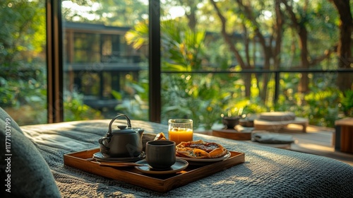 Morning tea served on a wooden tray in a cozy bedroom overlooking a lush garden