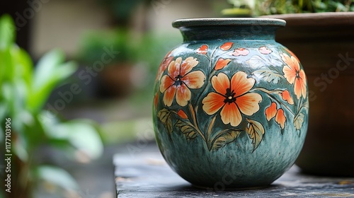 Vibrant potted flowers adorn a tranquil garden setting in bright daylight