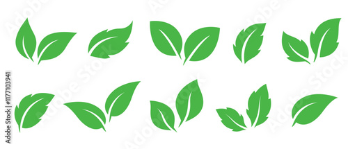 Flying leaves icons, green branches silhouettes