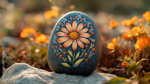 Beautifully painted rock with sunflower design on a bed of pebbles in a natur...
