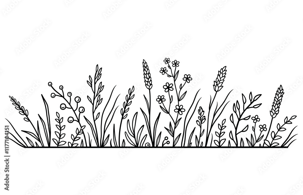 Black floral pattern, field and flowers